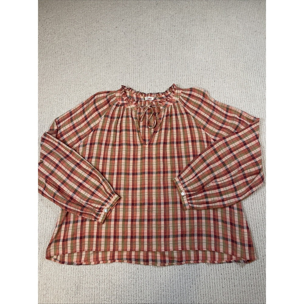 Faherty Women's XL Annalise Blouse Peasant Organic Ginham Sunset Plaid Cottage